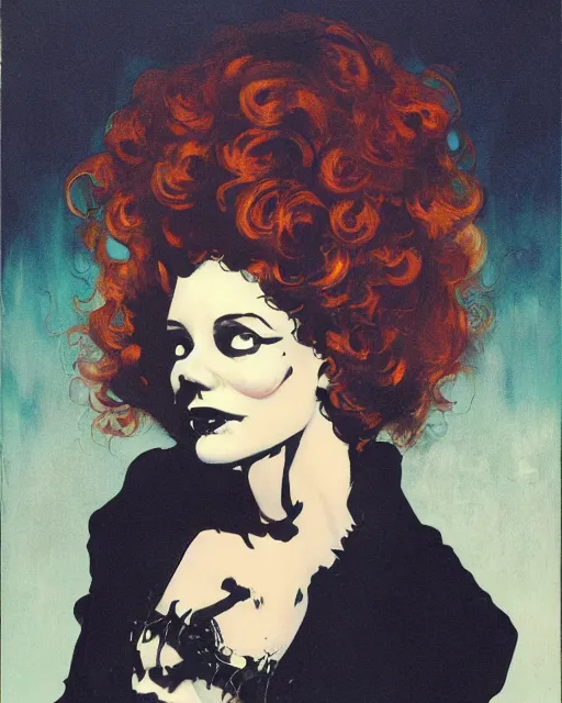 Image similar to a handsome but creepy, sinister, smiling young woman, with haunted eyes and curly hair, wearing punk clothing, 1 9 7 0 s, seventies, wallpaper, a little blood, moonlight showing injuries, delicate embellishments, painterly, offset printing technique, by brom, robert henri, walter popp