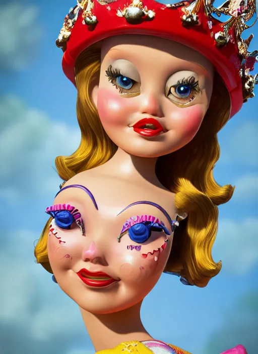 Image similar to closeup face profile portrait of a tin toy fairytale princess wearing a crown eating cakes, bikini, depth of field, zeiss lens, detailed, symmetrical, centered, fashion photoshoot by dan decarlo, bob clampett, bill ward, max fleischer hyperrealistic, octane render