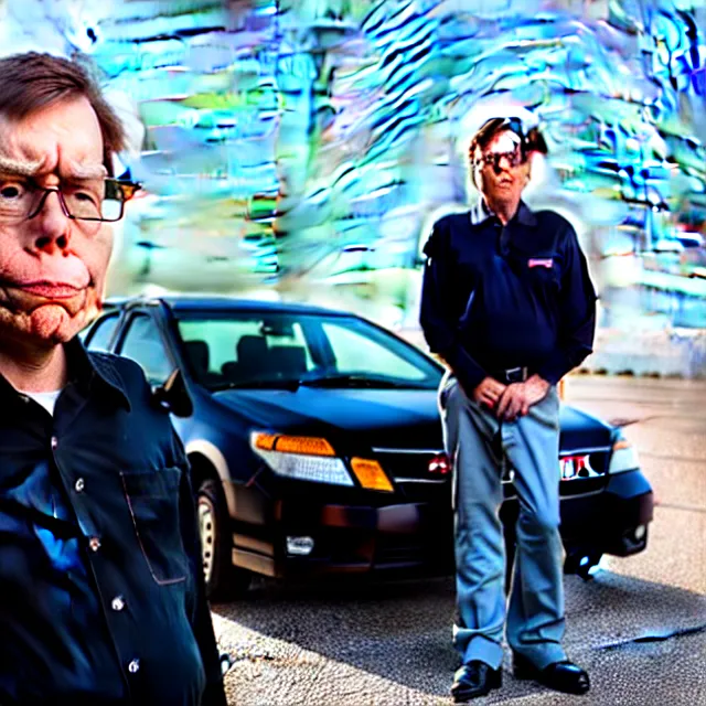 Image similar to a photo of bob lazar standing by his jet engine honda civic, cinematic lighting, detailed symmetrical face, photorealistic, highly detailed