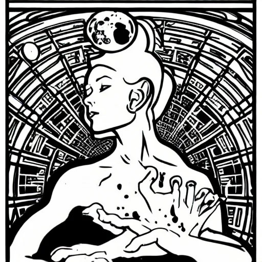 Prompt: clean simple line art with heavy black outlines of a woman floating in space wearing a space suit. no background. well composed, clean coloring book page, beautiful detailed face. coloring book line art by mike mignola and steve ditko and alphonse mucha