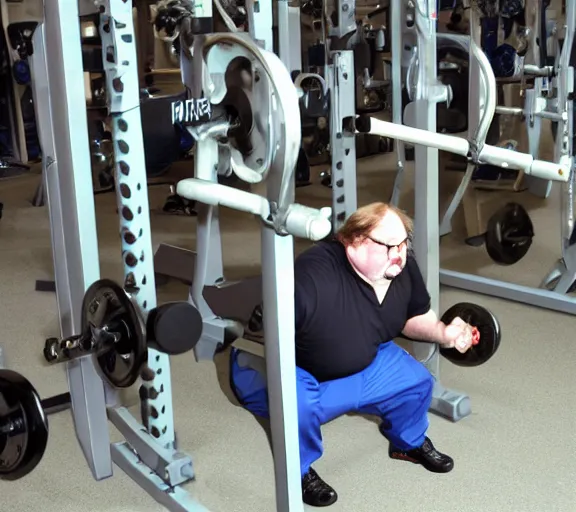 Image similar to gabe newell doing squats, award winning photograph