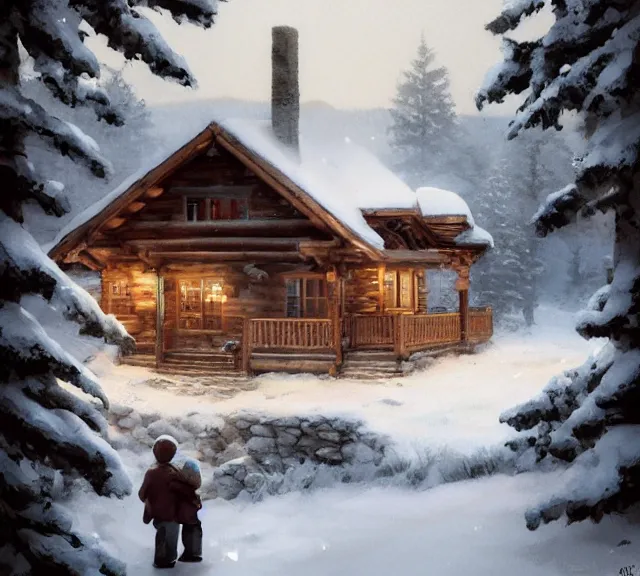 Image similar to a boy and a girl with long flowing auburn hair sitting together on the porch of a cabin on a mountain overlooking a snowy forest. Atmospheric lighting, long shot, romantic, boy and girl are the focus, cold lighting, snowy. details, sharp focus, illustration, by Jordan Grimmer and greg rutkowski, Trending artstation, pixiv, digital art