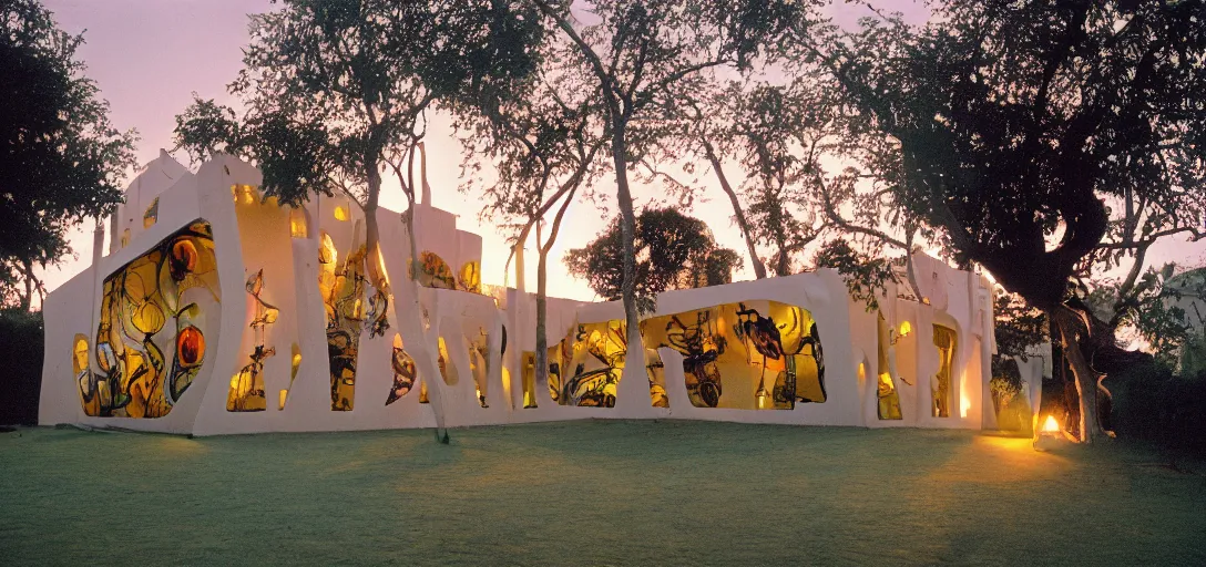 Image similar to house designed by dali, bosch, and chihuly at sunset. fujinon premista 1 9 - 4 5 mm t 2. 9. portra 8 0 0.