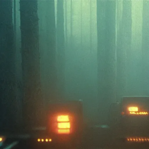 Image similar to a forest. still from blade runner.