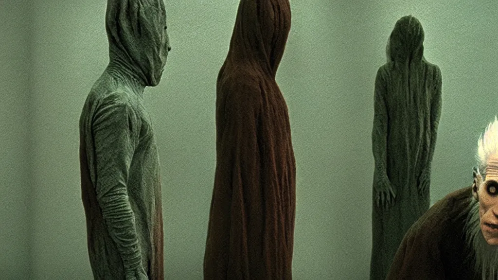 Image similar to the creature that hates me at the dmv, film still from the movie directed by denis villeneuve and david cronenberg with art direction by zdzisław beksinski and dr. seuss