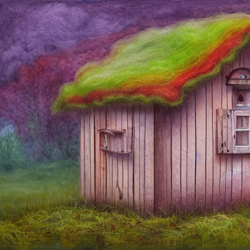 Image similar to small wooden house in the middle of spring forest, bright colours, watercolor, volumetric wool felting, macro photography, children illustration, by lee madgwick