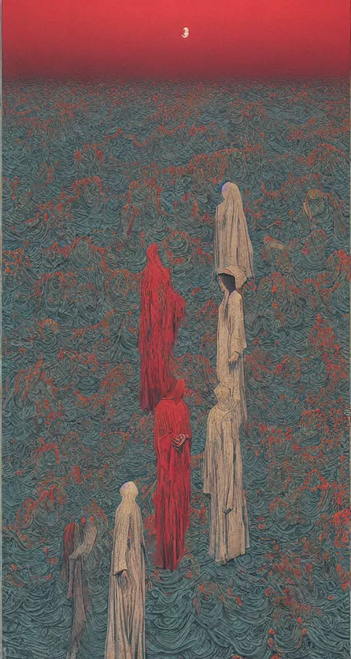 Image similar to worshippers in robes belonging to the cult of the lighthouse, high detailed Beksinski painting, part by Adrian Ghenie and Gerhard Richter. art by Takato Yamamoto. masterpiece, deep colours, blue