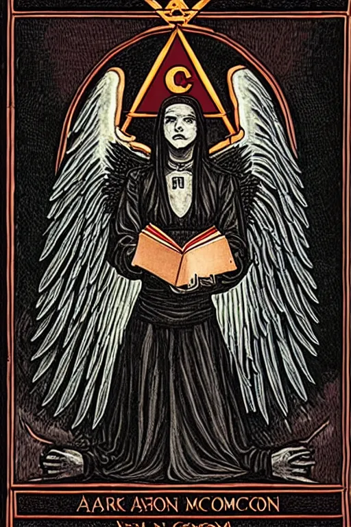 Image similar to dark angel holding a book of necronomicon, tarot card, masonic, secret society, communism, socialism, symmetrical, cinematic, sharp focus, 4 k, ultra hd, sense of awe, forbidden knowledge