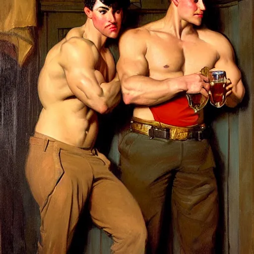 Image similar to drinking their hearts out, in a pub. pants, attractive muscular male with red hair and attractive muscular male with black hair. very defined and highly detailed painting by j. c. leyendecker, gaston bussiere, craig mullins 8 k