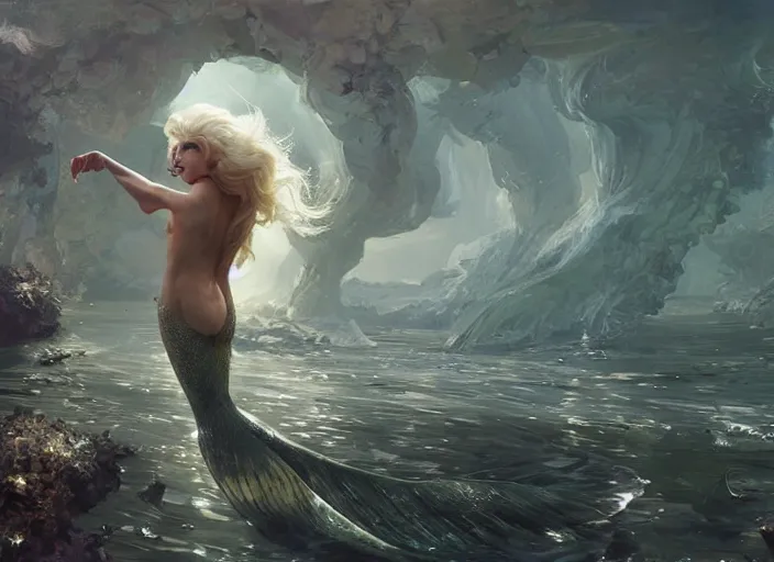 Image similar to lady gaga as a mermaid, intricate, sharp focus, lens flare, bloom, illustration, highly detailed, digital painting, concept art, matte, art by ruan jia and wlop and greg rutkowski