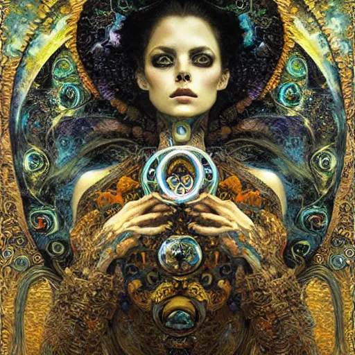 Image similar to Memento Mori by Karol Bak, Jean Deville, Gustav Klimt, and Vincent Van Gogh, beautiful visionary mystical portrait, otherworldly, fractal structures, ornate gilded medieval icon, third eye, spirals, ornate Neo-Gothic architecture