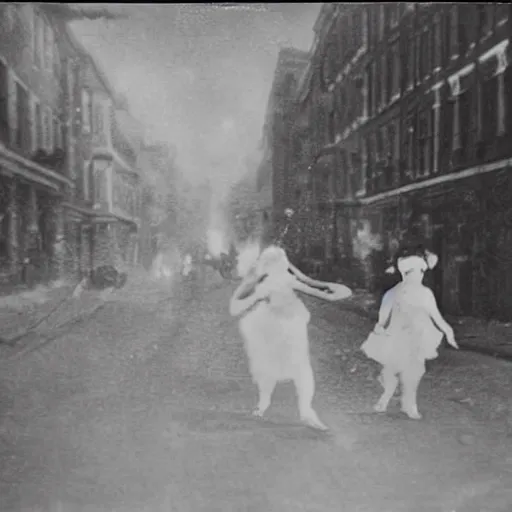 Image similar to a historical old photograph of two fairies flying through a street in brooklyn in the roaring twenties, amazing, in the evening, lights, romantic