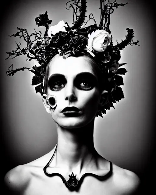 Prompt: dark surreal poetic black and white photo of a beautiful young silver bio-mechanical-female-vegetal-cyborg with a very long neck and a super big gothic lace collar and a very high big floral crown with many black dry roses by Vivienne Westwood:: smoke, high fashion, haute couture, rococo, avant-garde, silver filigree details, anatomical, facial muscles, cable wires, microchip, elegant, dreamy, foggy atmosphere, hyper realistic, 150 mm lens, soft rim light, octane render, unreal engine, picture was taken in 1910 by Man Ray, volumetric lighting, dramatic light,8k,