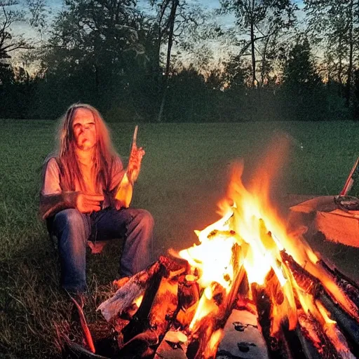 Prompt: photo of hillbilly with long blonde hair around a bonfire, symmetric face