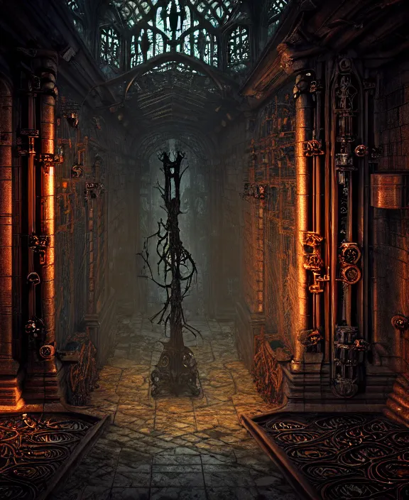 Image similar to steam necropolis, memento mori, gothic, neo - gothic, art nouveau, hyperdetailed copper patina medieval icon, stefan morrell, philippe druillet, ralph mcquarrie, concept art, steampunk, unreal engine, detailed intricate environment, octane render, moody atmospherics, volumetric lighting, ultrasharp, ominous, otherworldly