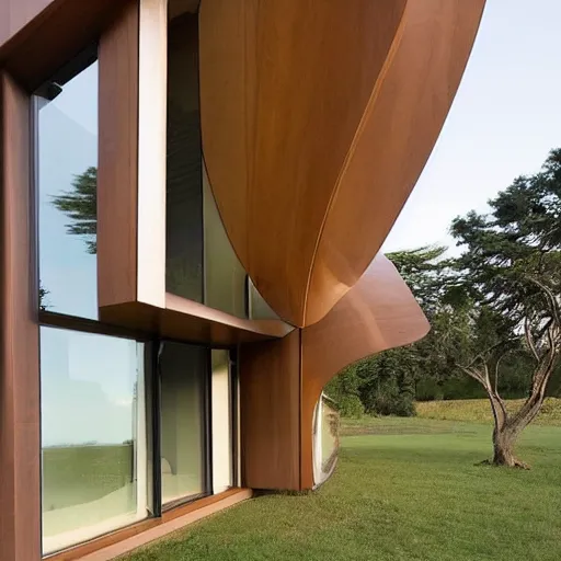 Prompt: This new and unique house exterior is inspired by the majestic, soaring form of an eagle in flight. The front façade features several large windows arranged in a sweeping curve. photo.