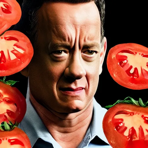 Image similar to still from a movie starring tom hanks with his head made out of a large tomato