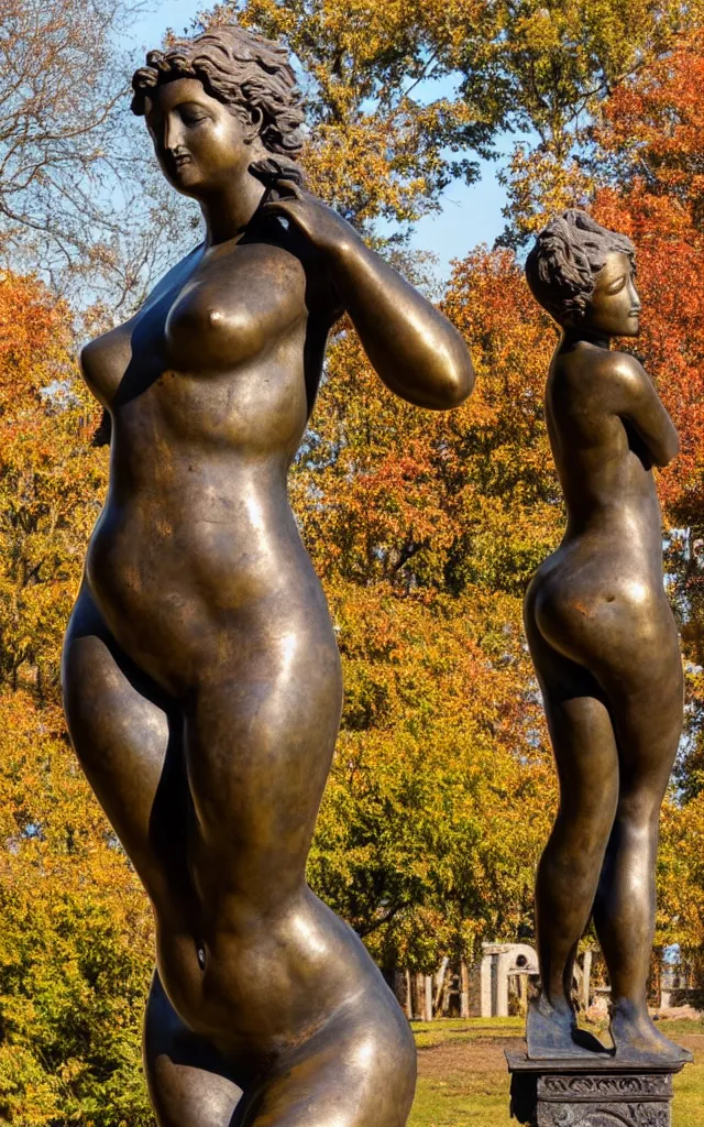 Image similar to detailed photo of old bronze patina statue of seductive curvy girl, super highly detailed, full body view, various poses, au blurry distant background with garden of ancient castel, photorealism, intricate detail, museum diffuse lighting, autumn sunlights