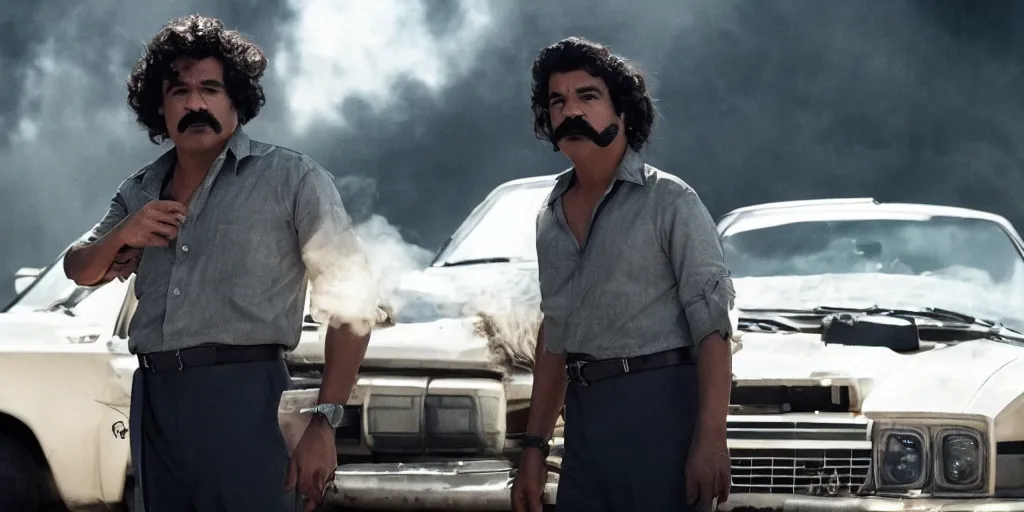 Image similar to zendaya as pablo escobar in'escobar'( 2 0 2 4 ), movie still frame, oscar nominated cinematography, volumetric lighting, 8 k resolution, beautiful composition