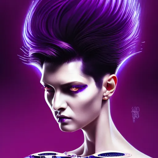 Image similar to woman with extremely large and intricate haircut with angry purple eyes and slim features looking askance, eye cyberpunk bionics, retro futurist style, intricate, elegant gleaming intricate baroque jewelry, angelic halo, highly detailed, digital painting, artstation, concept art, smooth, sharp focus, illustration, art by wlop, mars ravelo and greg rutkowski,