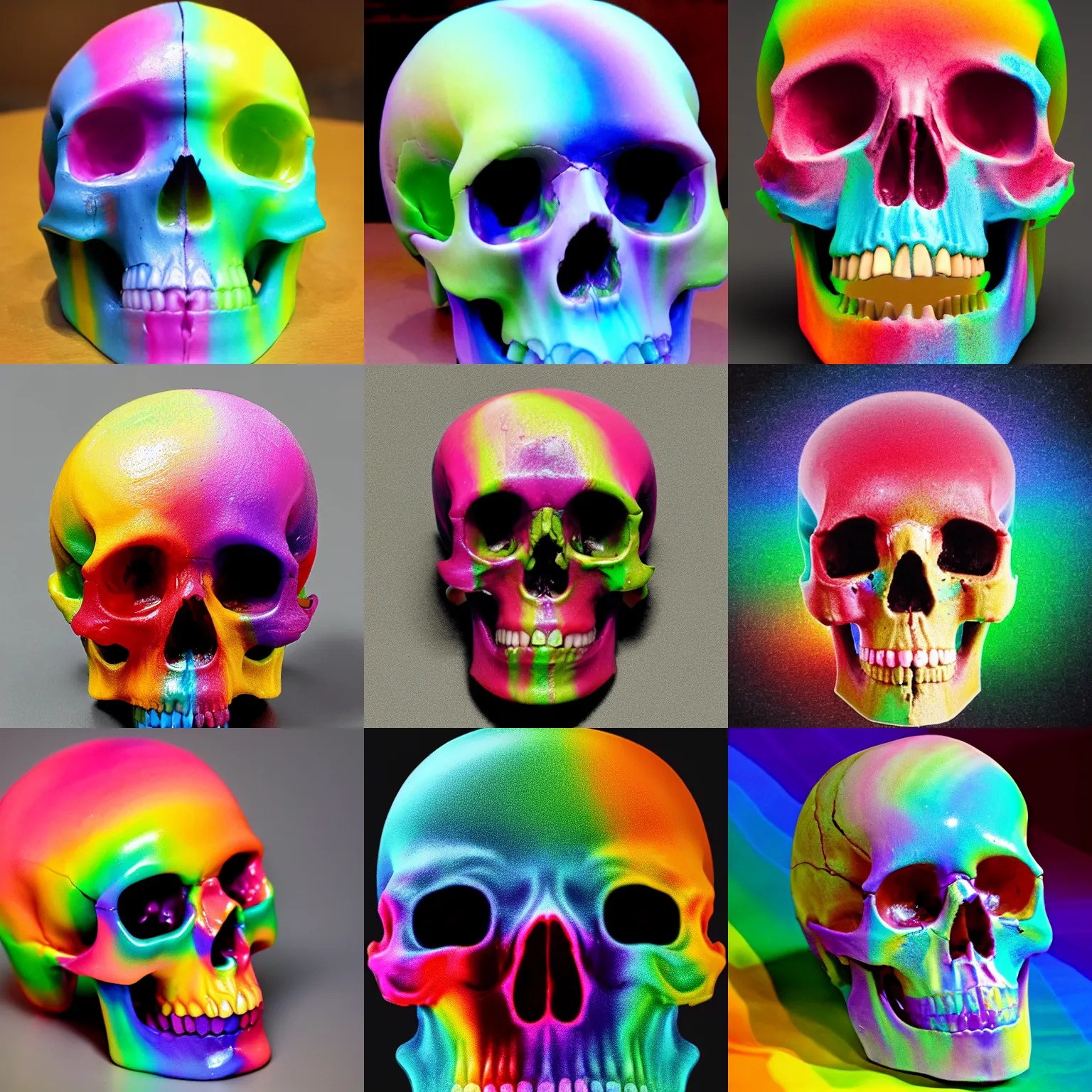 Prompt: human skull made of rainbow jelly