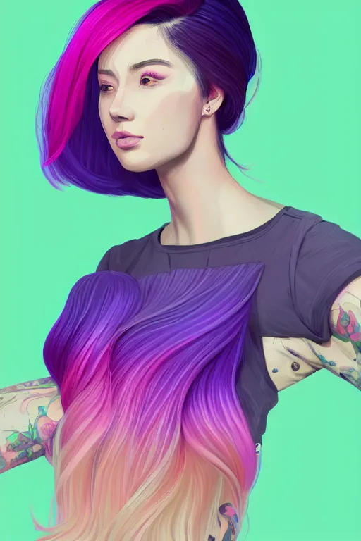 Image similar to a award winning half body portrait of a beautiful woman in a croptop and cargo pants with ombre purple pink teal hairstyle with head in motion and hair flying by wlop, outrun, vaporware, shaded flat illustration, digital art, trending on artstation, highly detailed, fine detail, intricate