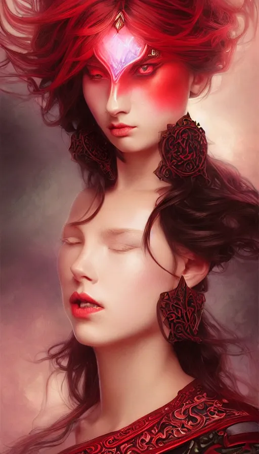 Prompt: portrait of magical paladin , dark fantasy, gradient red black, dreamy and ethereal, (colour) eyes, peaceful expression, ornate frilly dress, fantasy, intricate, elegant, rainbow bubbles, highly detailed, digital painting, artstation, concept art, smooth,b sharp focus, illustration, art by artgerm and greg rutkowski and alphonse mucha