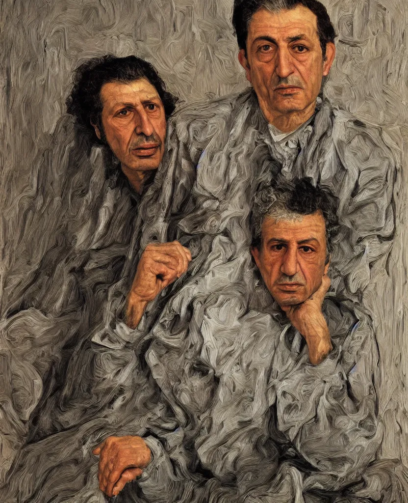 Image similar to high quality, high detail, realistic portrait of bahram beyzai, painted by lucian freud, dramatic lighting, cinematic composition