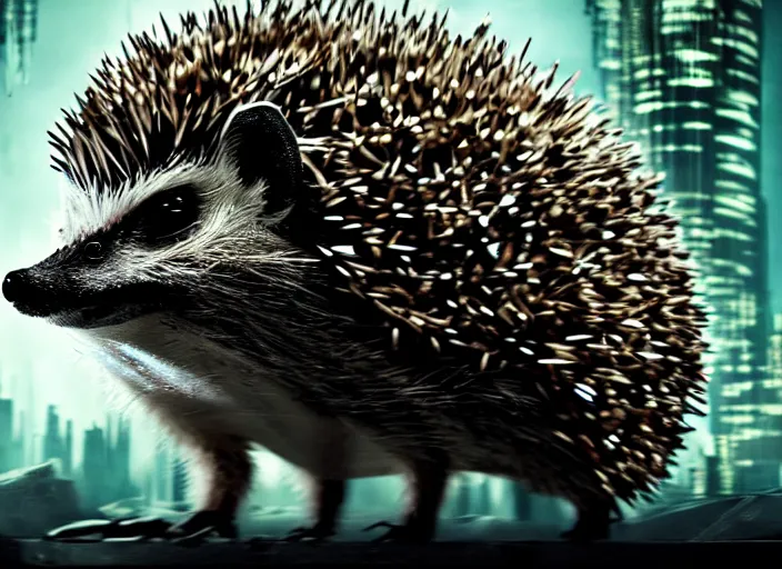 Prompt: portrait of a intricate hedgehog cyborg, on the background of a weird magical mechanical forest. Very detailed 8k. Fantasy cyberpunk horror. Sharp. Cinematic post-processing.