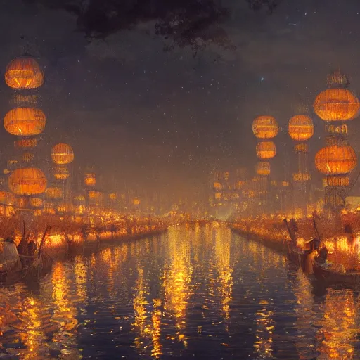 Image similar to concept art, river lanterns on the eve of ullambana festival, high resolution, by james gurney, greg rutkowski, fujishima takeji, hiroshi yoshida, artstation