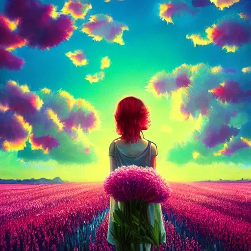 Image similar to girl made of giant flowers, dancing in a vast flower field, arms behind back, surreal photography, sunrise dramatic light, impressionist painting, colorful clouds, large sky, digital painting, artstation, simon stalenhag, flower face