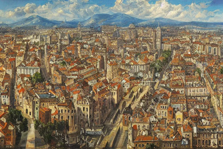 Image similar to birds view of an old european city, oil paining, very detailed, high resolution