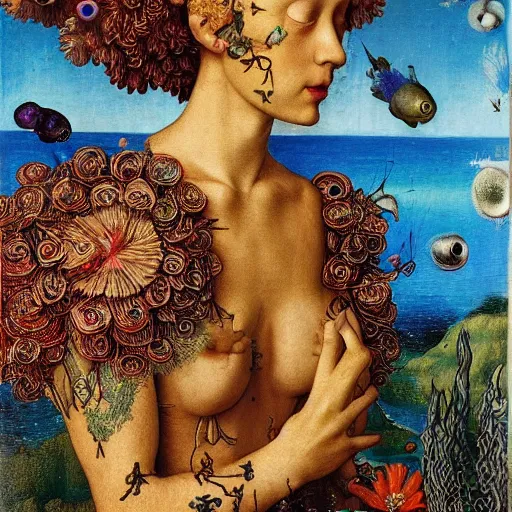 Image similar to a tattood alien girl with fish scales and feathers swimming with flowers by jan van eyck, ernst fuchs, nicholas kalmakoff, joep hommerson, character, full body, catsuit