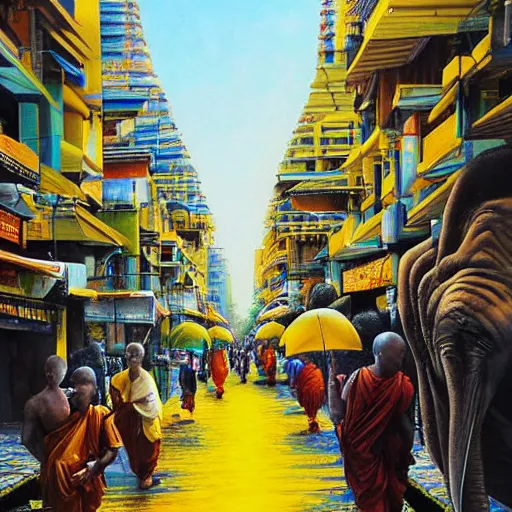 Prompt: Future Bangkok, yellow-robed monks and elephants walking through the streets of the bustling city under the hot sun, large distant view Painter by Jamie Jones