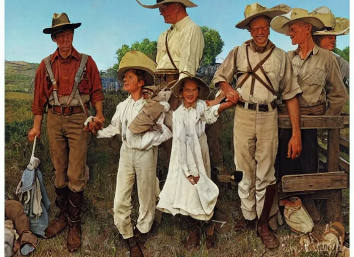 Image similar to mormon pioneers by norman rockwell, highly detailed