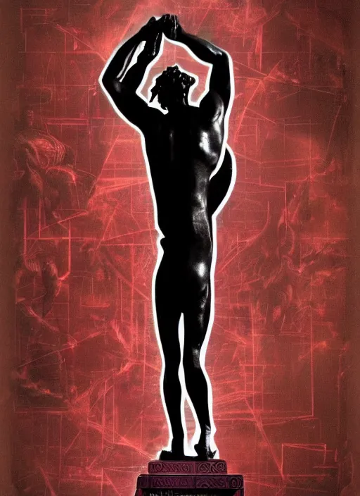 Image similar to dark design poster showing a statue of hercules, black background with very subtle red and purple design elements, powerful, nekro, vito acconci, graphic design, collage art, subtle thin lines, dark, glitch art, neo vaporwave, gritty, layout frame, square, trending on artstation