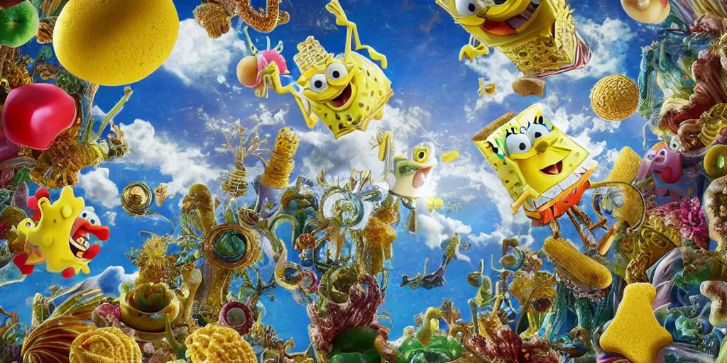 Image similar to SpongeBob, tilt shift, prismatic, italian masterpieces, painted marble sculptures, baroque, beautiful, gracious, pagans, marble, clouds, sun, fruits, bioluminescent skin, ultra detailed