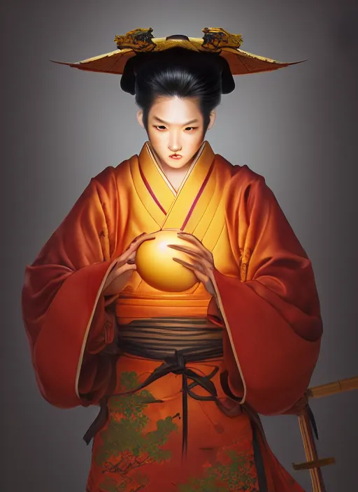 Prompt: kitsune samurai in autumn color kimono holding a glowing egg, subsurface scattering, by jesper ejsing, justin gerard, tomasz alen kopera, cgsociety and fenghua zhong, highly detailed, rim light, cinematic lighting, illustration, art, octane render, very coherent, cinematic, hyper realism, high detail, octane render, 8 k