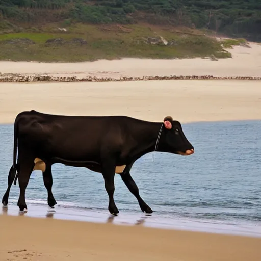Prompt: a cow on a beach