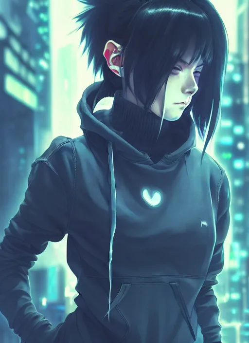 Prompt: cyberpunk anime girl in hoodie, realistic face, beautiful face, grafity, alita, arcane, action, tokyo street, detail, good face, pose model, concept art, in style of yoji shinkawa, pan ren wei, col price, atey ghailan, by greg rutkowski, aesthetic