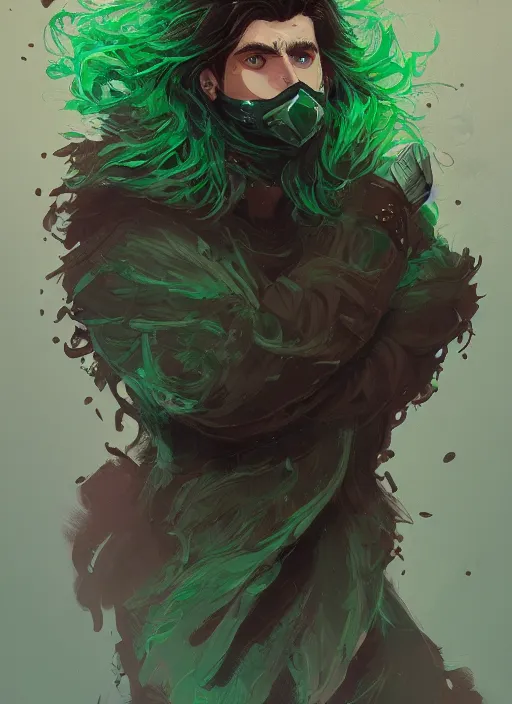 Image similar to a highly detailed illustration of young thick wavy messy haired guy wearing green face mask and brown noir coat intricate, elegant, highly detailed, centered, digital painting, artstation, concept art, smooth, sharp focus, league of legends concept art, wlop