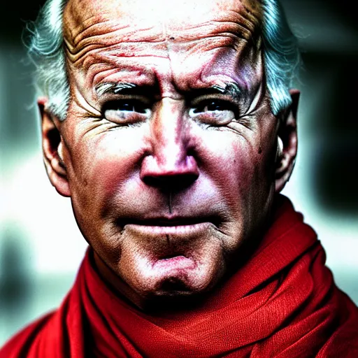 Image similar to portrait of president joe biden as afghan man, green eyes and red scarf looking intently, photograph by steve mccurry