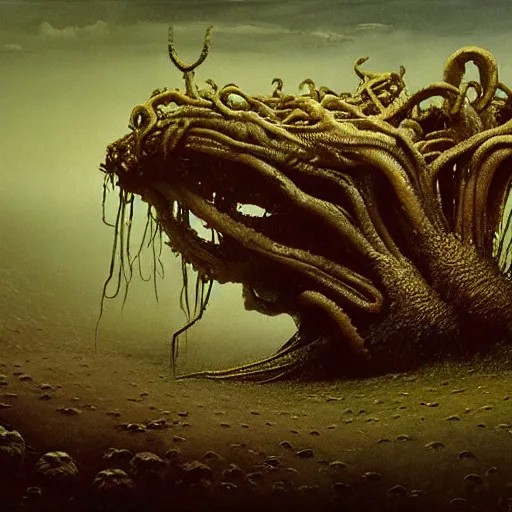 Image similar to eldritch lovecraftian fungus god - thing by beksinski, edward hopper, greg rutowski, h. r. giger, guerlmo del toro, and tim burton. 8 k 3 d 8 k resolution photorealistic concept art. dark dystopian biopunk, post apocalyptic surrealism.