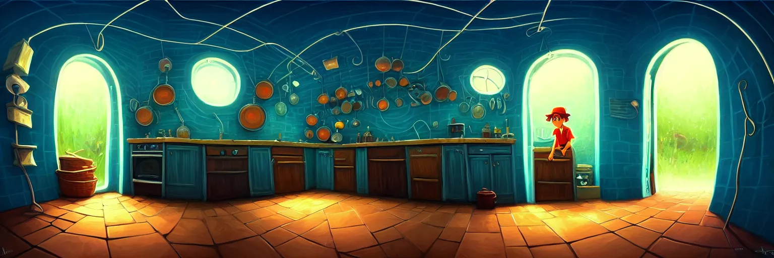 Prompt: underground, basement, fisheye spiral, naive, extra narrow, detailed illustration of a kitchen, large floor, dimly lit by rhads from lorax movie, trending artstation, dark blue, vines crawling, tavern