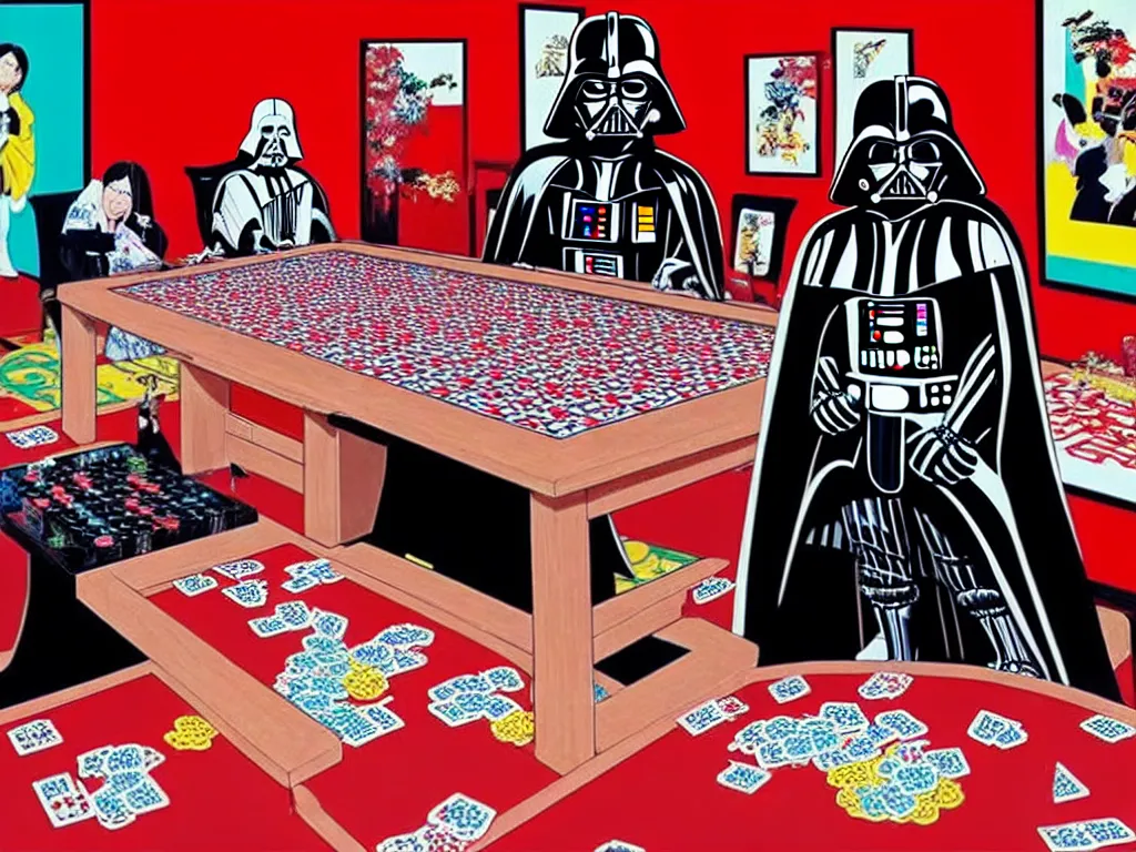 Prompt: hyper - realistic composition of a large room with an extremely detailed poker table in the center, woman in traditional japanese kimono standing nearby, darth vader sitting at the table, fireworks in the background, pop art style, jackie tsai style, andy warhol style, acrylic on canvas, dull palette