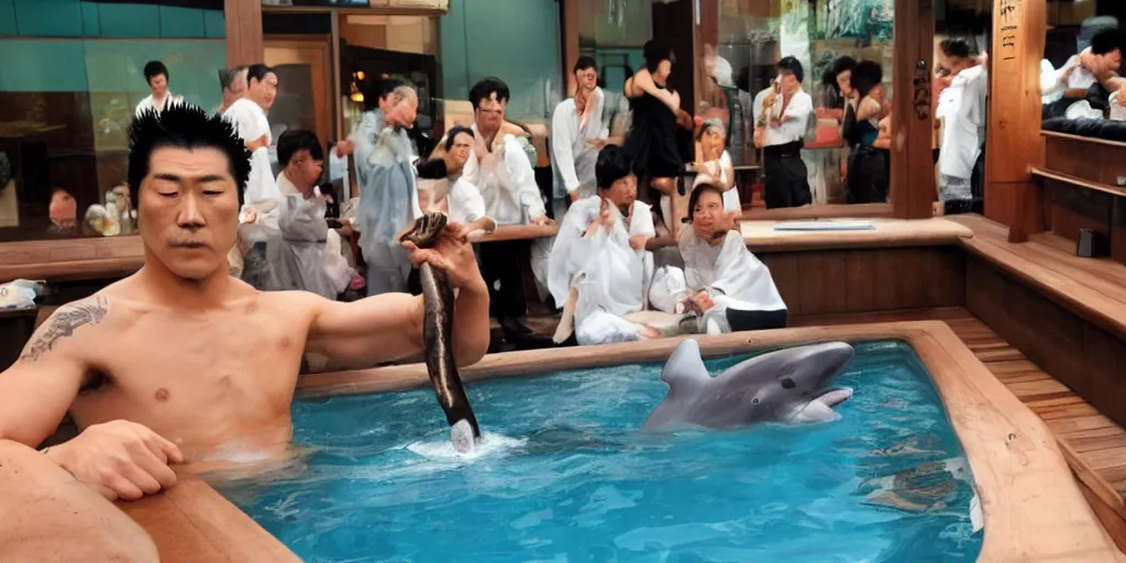 Image similar to photo of Yakuza dolphin in a onsen smoking a cigar