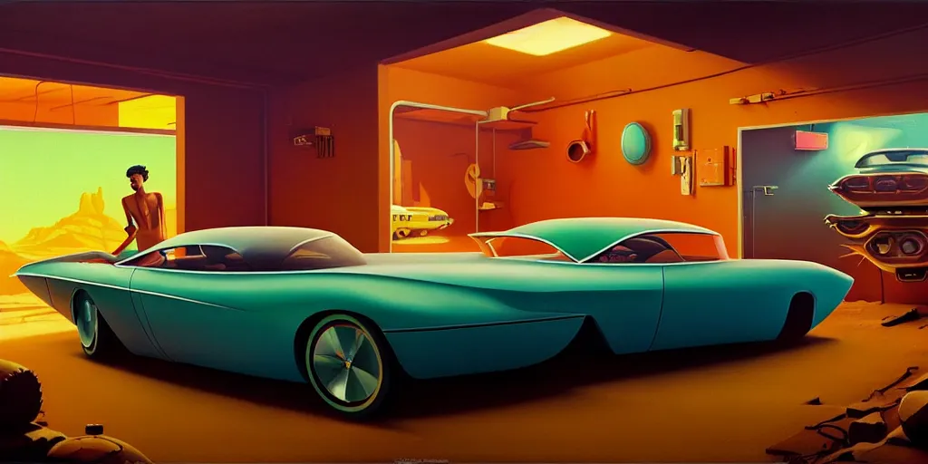 Image similar to a cinematic matte painting of a sleek 1 9 6 0 s vaporwave retro - futurism sci - fi car in a cluttered garage in the american southwest. cactus. by eric lafforgue, glennray tutor and edward hopper, greg rutkowski. trending on artstation.