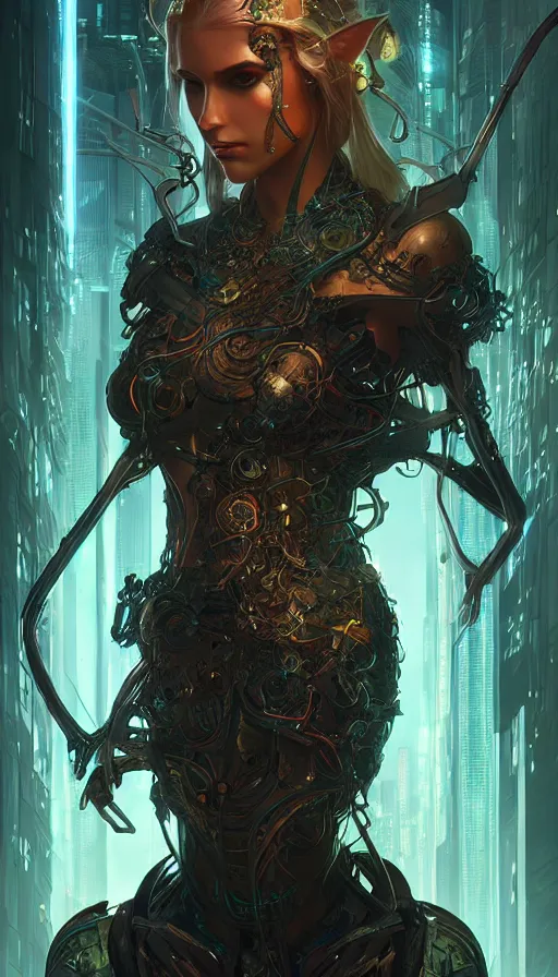 Image similar to cyberpunk angry gorgeous elven queen, neon, fibonacci, sweat drops, insane, intricate, highly detailed, digital painting, artstation, concept art, smooth, sharp focus, illustration, Unreal Engine 5, 8K, art by artgerm and greg rutkowski and alphonse mucha