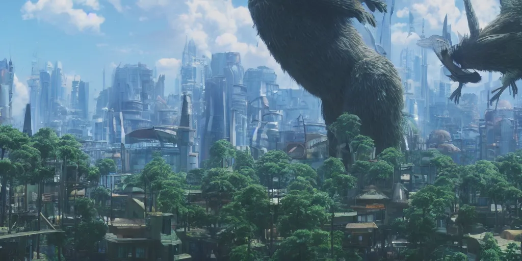 Prompt: future city covered by forest creature, flying, culture, smooth, spaceship, skyscraper, howl's moving castle, by studio ghibli, makoto shinkai, 4 k, unreal engine