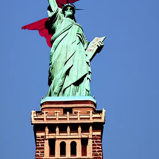 Image similar to Lady Liberty riding on the back of a red dragon